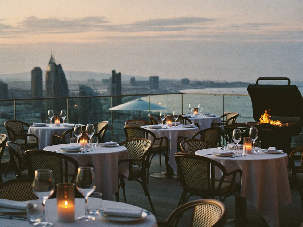 Rooftop grill restaurant at dusk